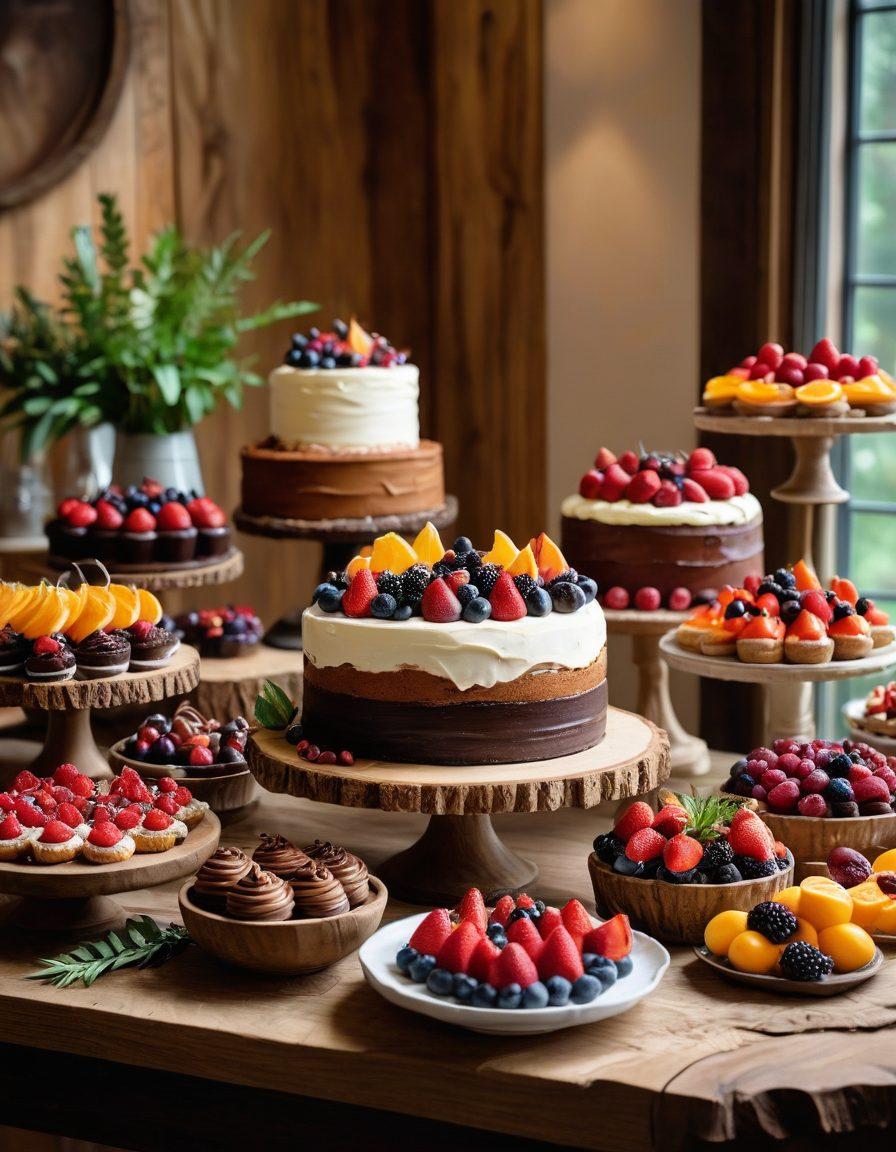 A beautifully arranged dessert table overflowing with an array of decadent cakes, pastries, and elegant sweets, featuring rich chocolate ganache, fluffy whipped cream, and vibrant fruit toppings. The table is adorned with rustic wooden accents and a warm, inviting atmosphere, with soft lighting highlighting the textures of the desserts. Include a baker in action, skillfully decorating a cake in the background. super-realistic. warm tones. vibrant colors.